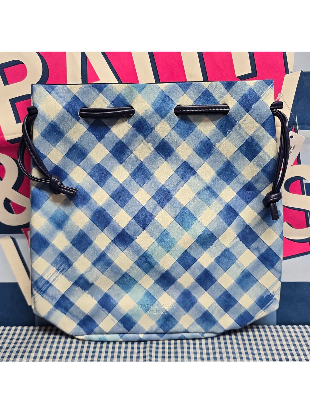 BBW Blue Draw String Gingham Gift Bag